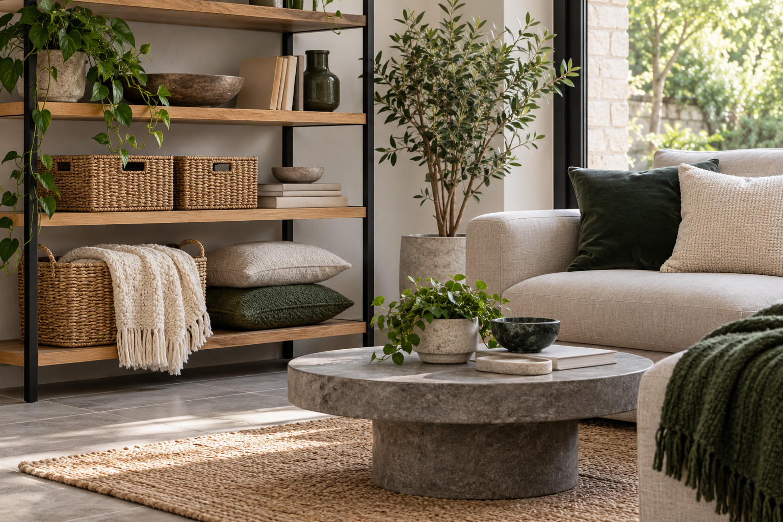 An organized home corner with storage baskets and soft furnishings