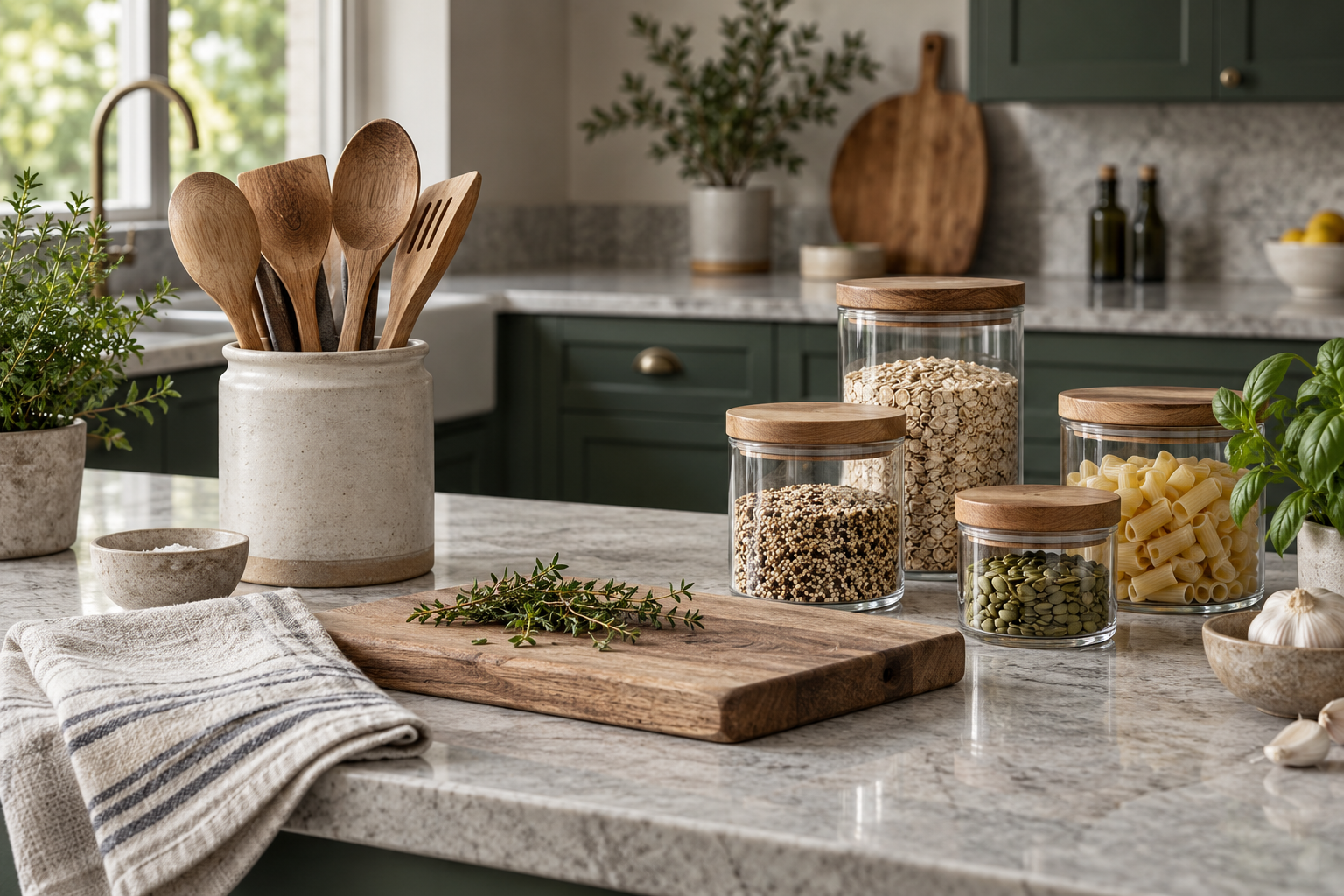 Kitchen tools and glass storage containers on a clean countertop