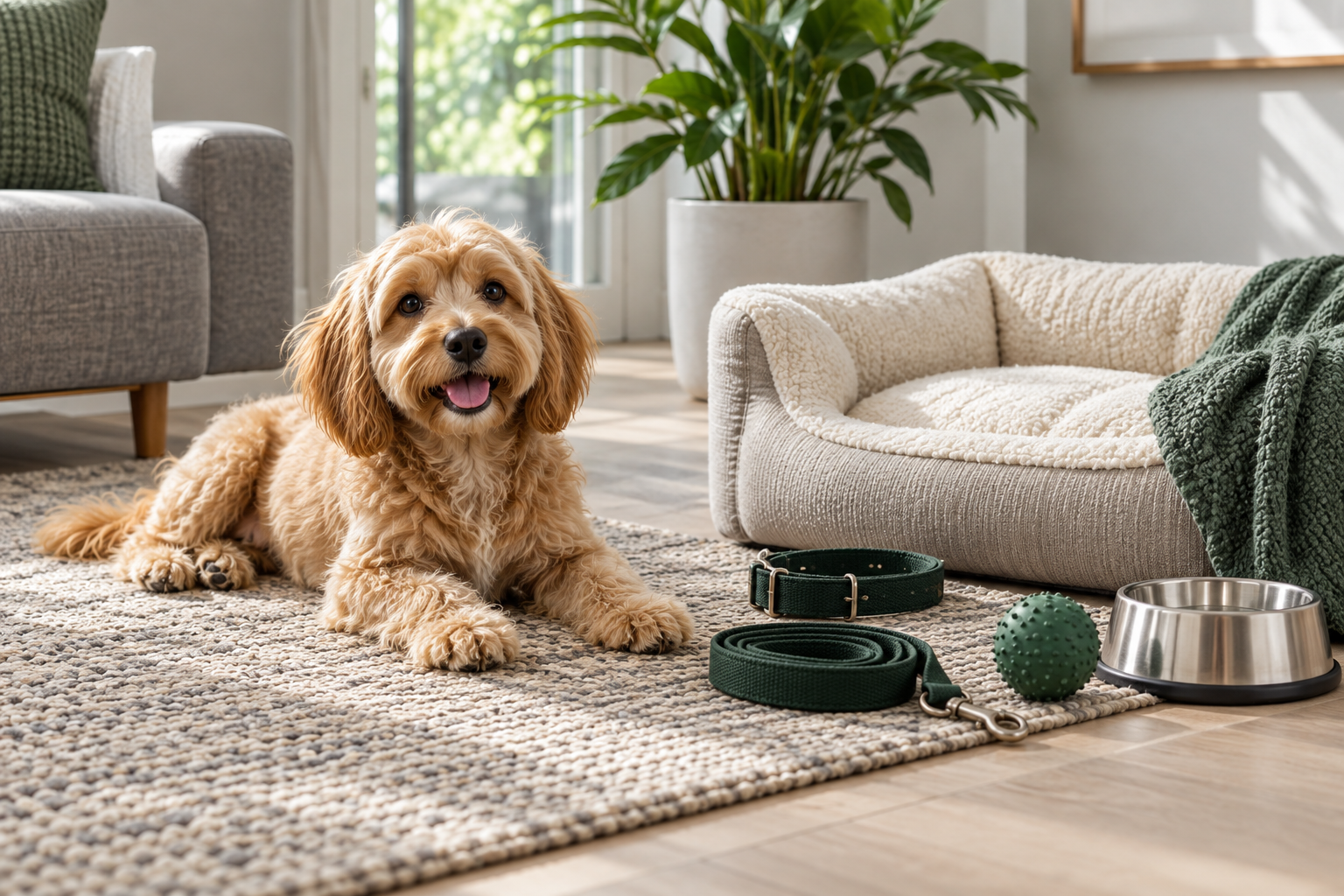 A dog relaxing beside a bed, leash and pet accessories