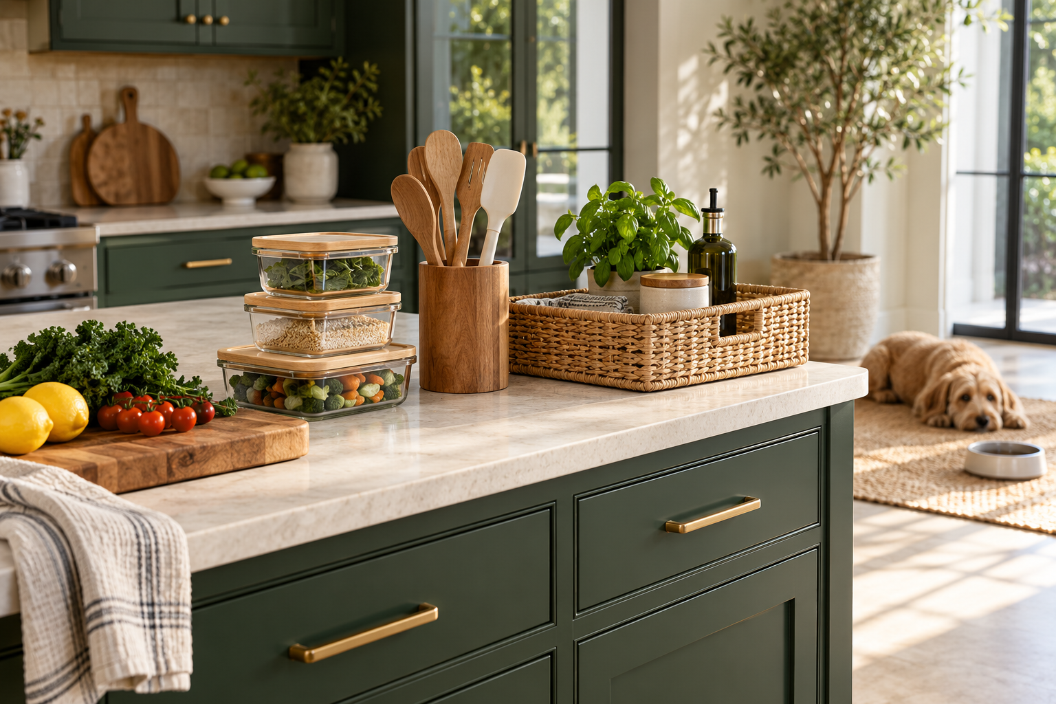 A thoughtfully organized kitchen with everyday home essentials and a dog relaxing in the background