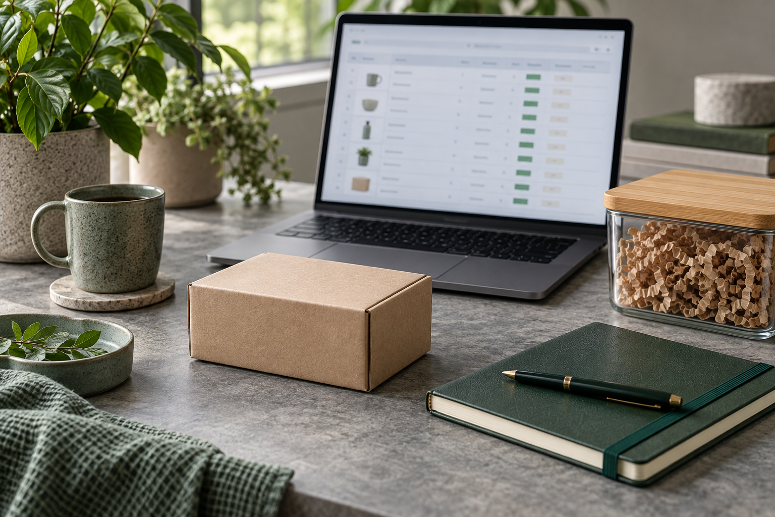 Everyday products and packaging beside a laptop, illustrating product selection and business planning